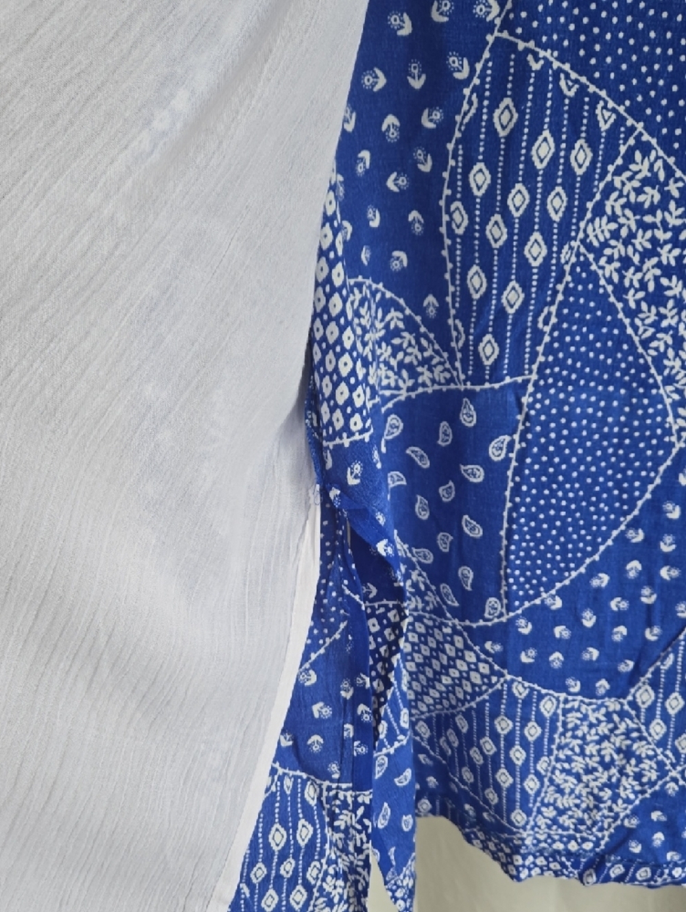 Adolfo Blue Patchwork Print Short Sleeve Button-Down with White Placket - Picture 9 of 13